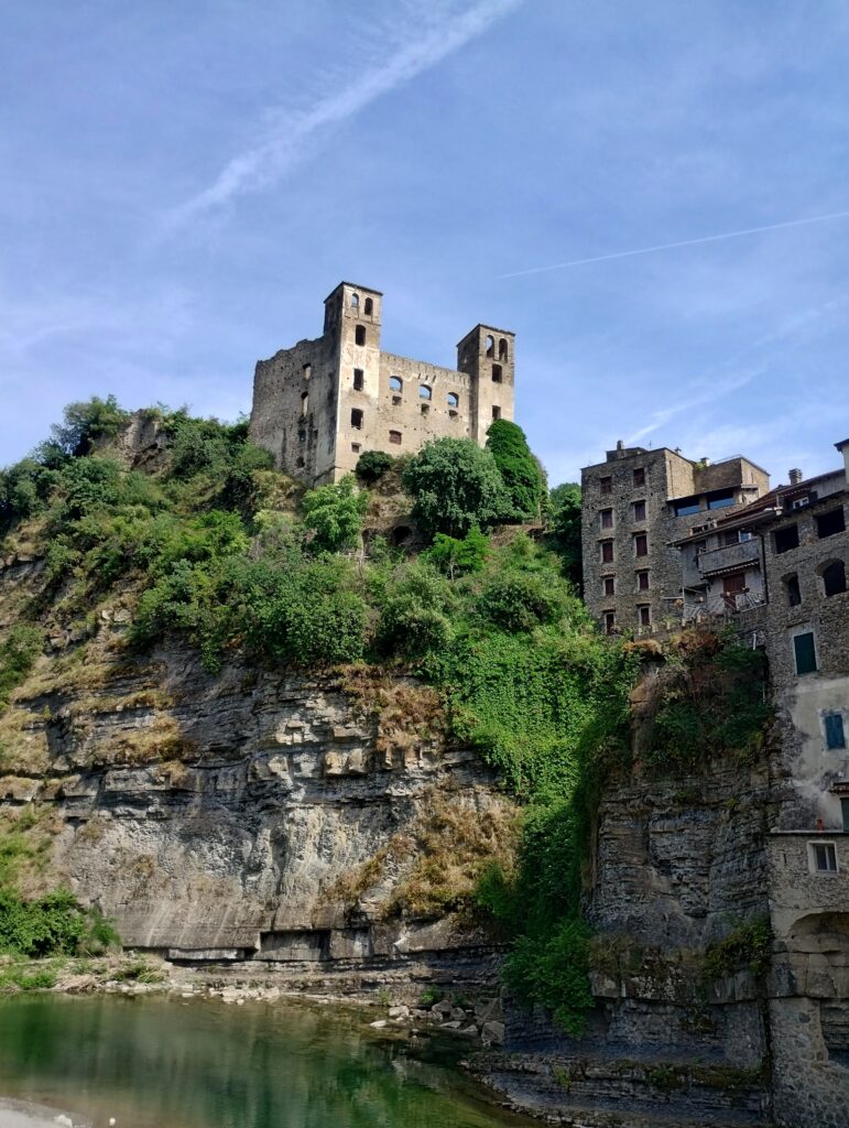 Ruins of Doria Castle overlooking Dolceacqua and the river valley, Liguria