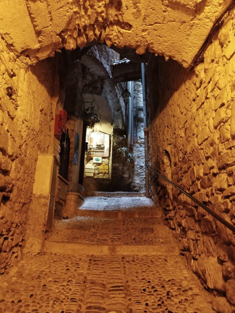 Narrow cobbled alleyway winding through the old town of Dolceacqua
